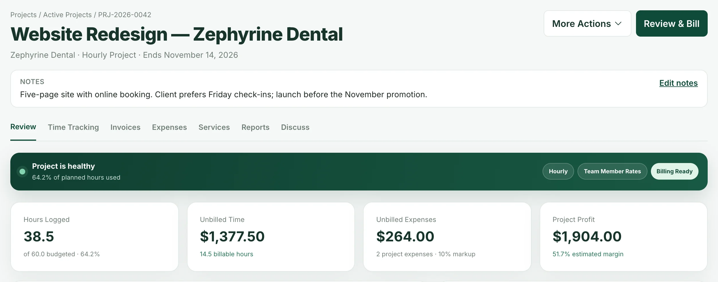 iBill project dashboard for Website Redesign: project notes, a healthy status bar and totals for hours logged, unbilled time, unbilled expenses and estimated profit