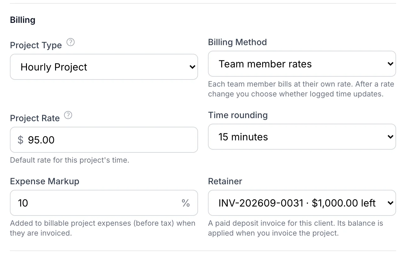 Billing settings of a project: project type, billing method, project rate, time rounding, expense markup and retainer