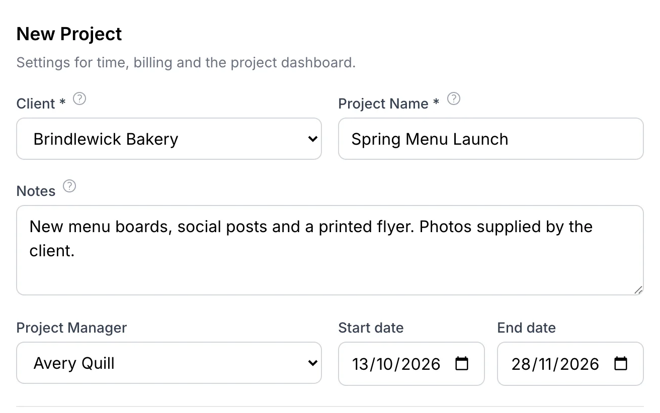 New Project form with the client, project name, notes, project manager and start and end dates