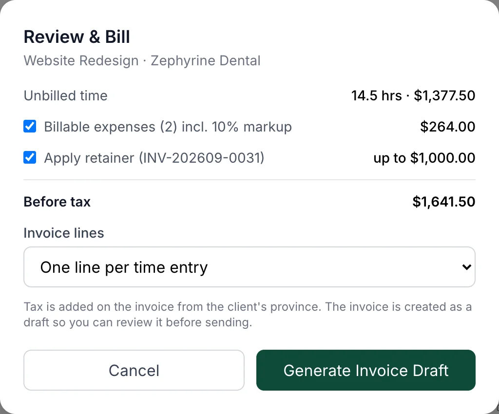Review and Bill window: unbilled time, billable expenses with a 10% markup, a retainer to apply and the total before tax