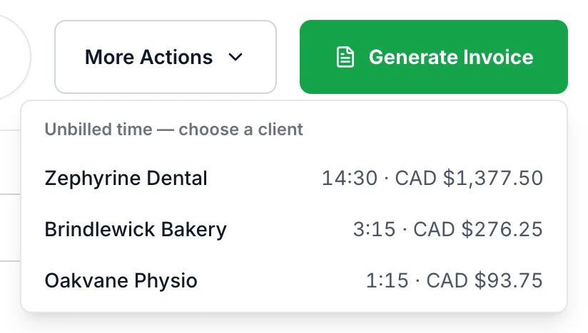 Generate Invoice menu listing three clients with their unbilled hours and amounts
