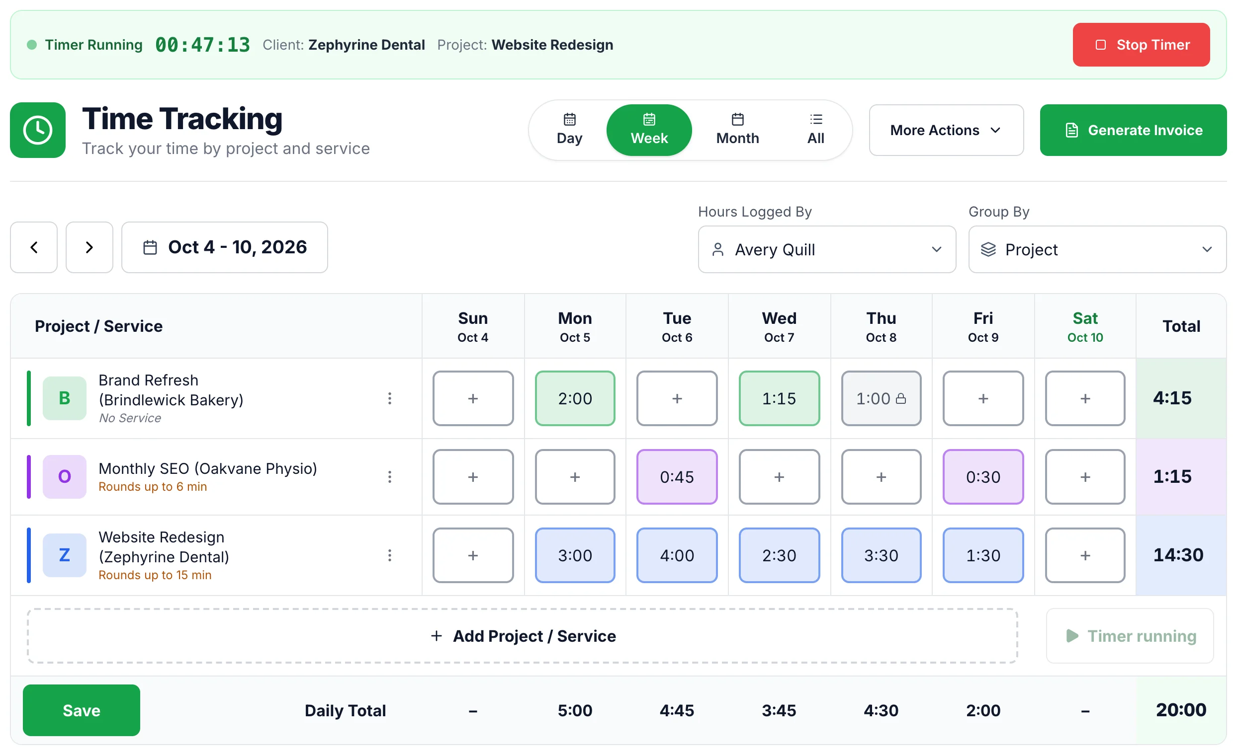 iBill Time Tracking: a running timer for Zephyrine Dental above a weekly timesheet with hours for three projects and daily totals