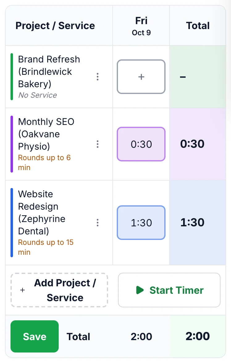 Time Tracking on a phone: one-day view with hours for two projects and a Start Timer button