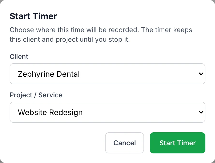 Start Timer window asking for the client and the project before the timer starts