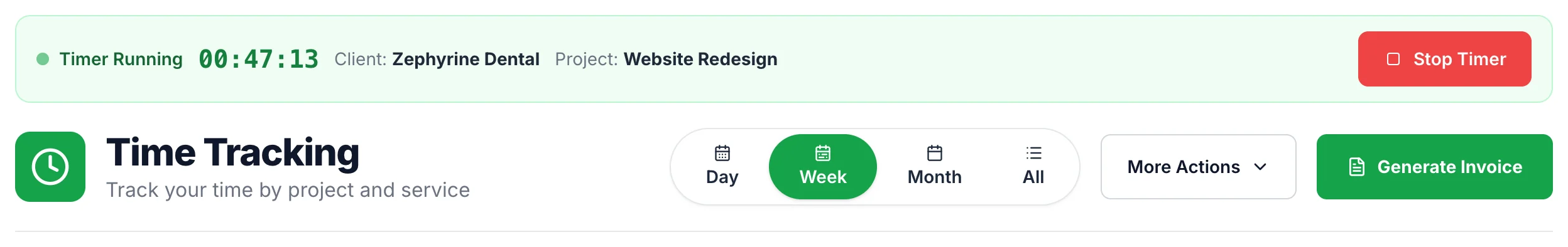 Running timer bar showing elapsed time, client and project, above the Day, Week, Month and All view switcher and the Generate Invoice button