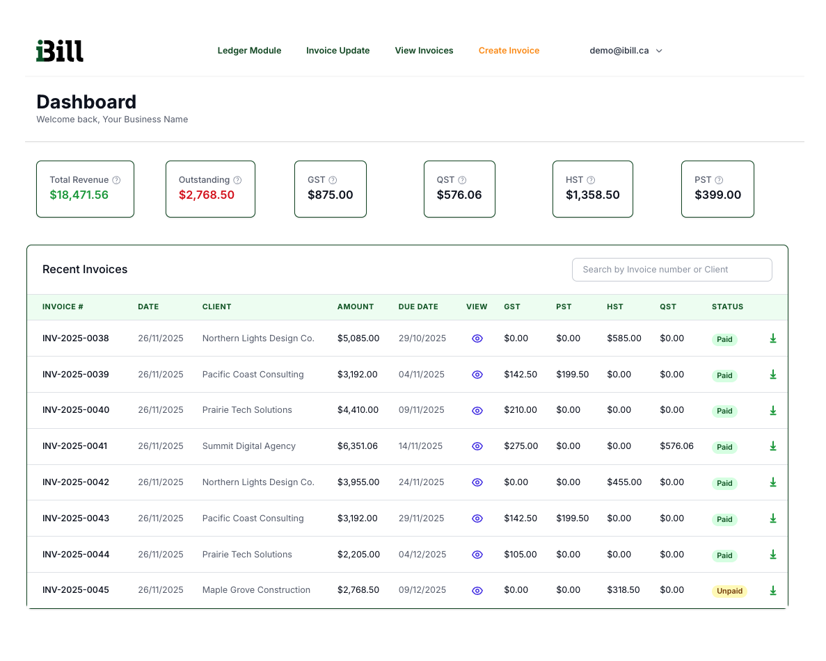 iBill Dashboard - Revenue overview, tax breakdown, and recent invoices