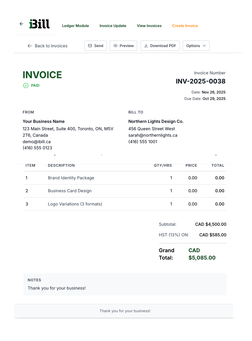 iBill Professional Invoice - Clean design with HST calculation